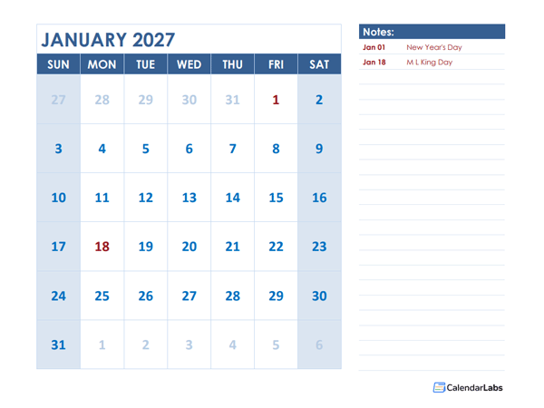 2027 Printable Large Calendar