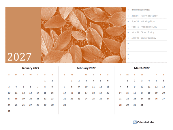 2027 Printable Three Months Calendar
