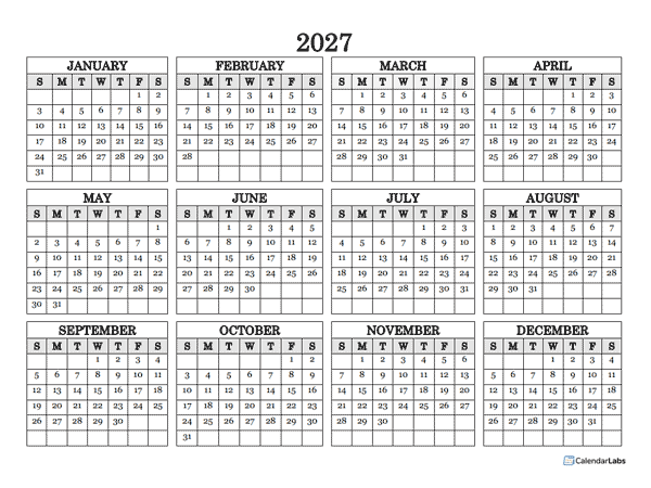 2027 Blank Yearly Calendar Landscape