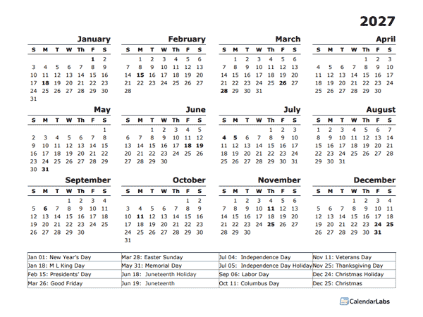 2027 Printable Yearly Design Calendar