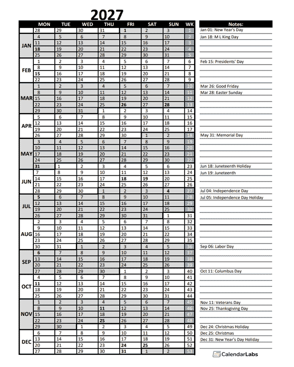 2027 Business Project Planning Calendar With Week Number
