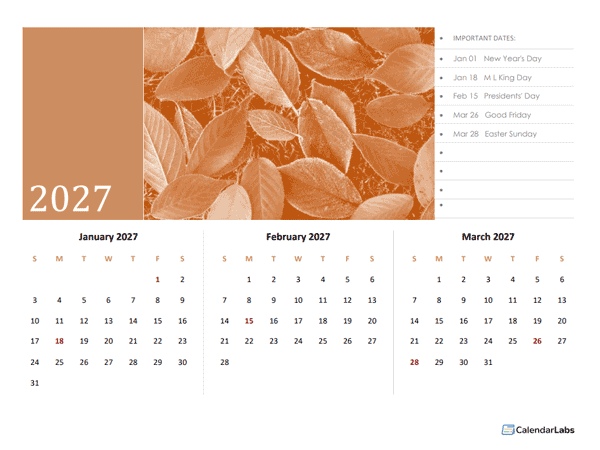 2027 Quarterly Photo Calendar Word Template