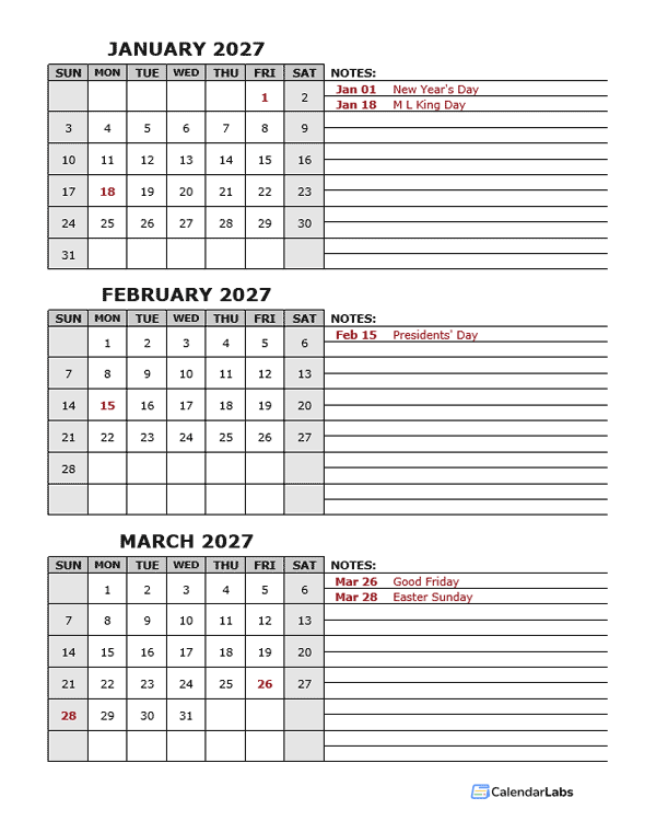 2027 Quarterly Word Calendar With Holidays