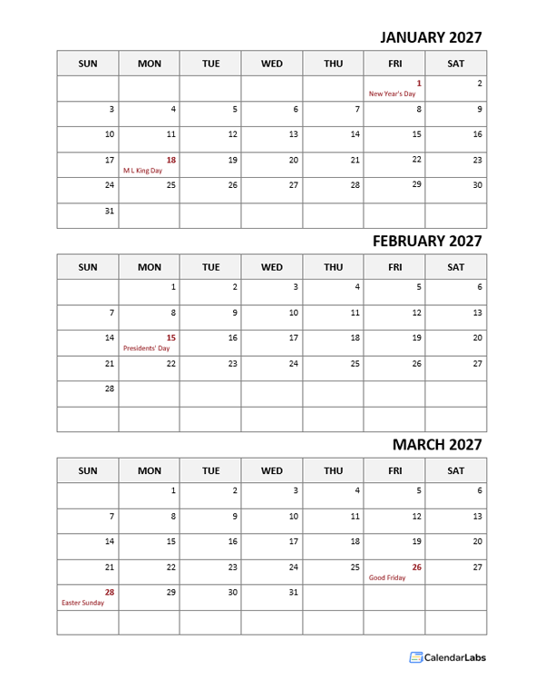 2027 Quarterly Word Calendar Template With Notes