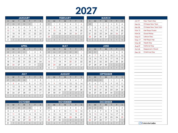 2027 Singapore Annual Calendar with Holidays