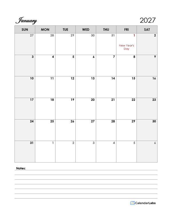 2027 Singapore Calendar Template Large Boxes