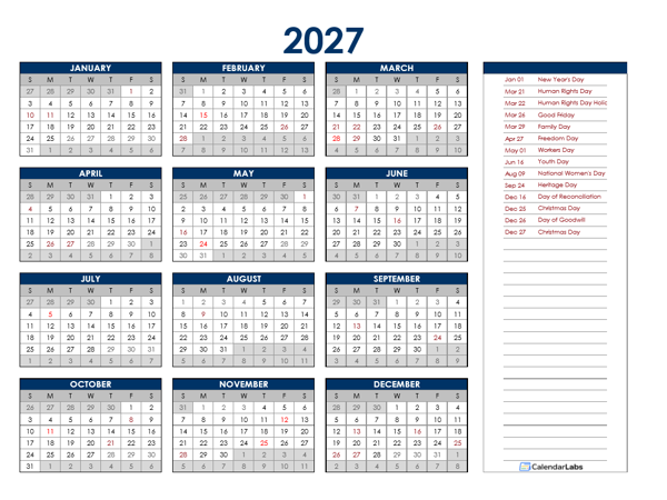 2027 South Africa Annual Calendar with Holidays