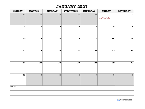 2027 South Africa Monthly Calendar with Notes
