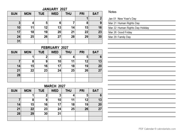 2027 South Africa Quarterly Calendar with Holidays