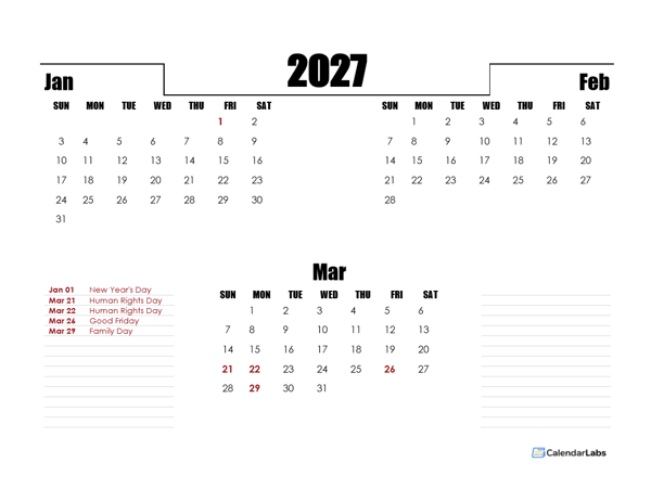 2027 South Africa Quarterly Planner Template