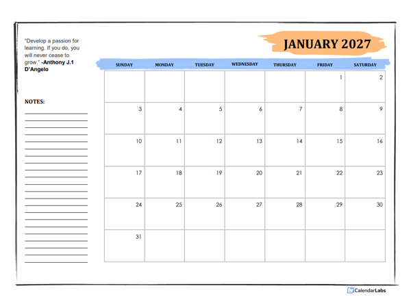 2027 Student Calendar With Note Space