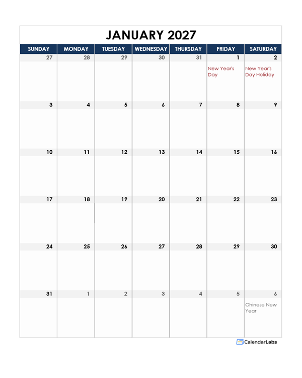 2027 Thailand Calendar Spreadsheet Template
