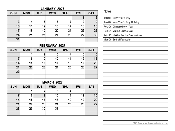 2027 Thailand Quarterly Calendar with Holidays