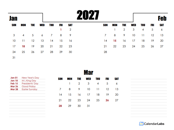 2027 Three Months Word Calendar Template