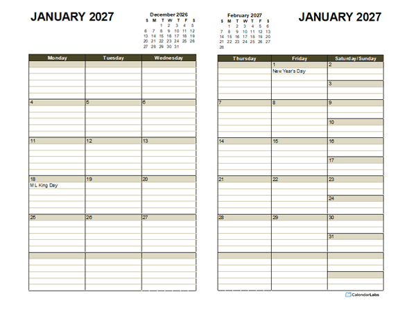 2027 Two Page Monthly Calendar A3