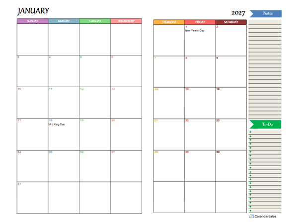 2027 Two Page Monthly Spreadsheet Calendar
