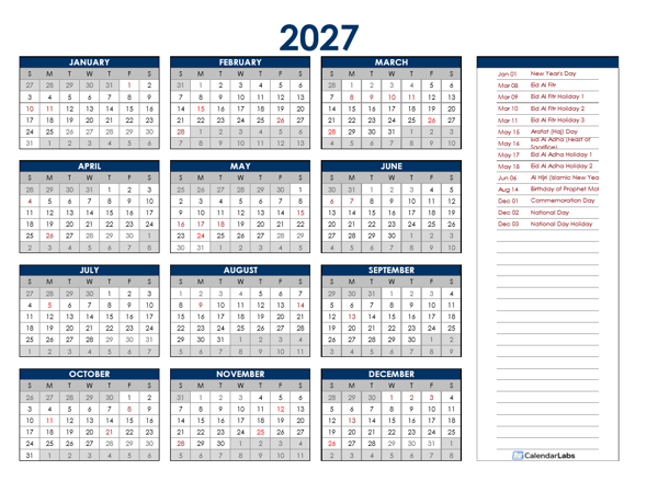 2027 UAE Annual Calendar with Holidays