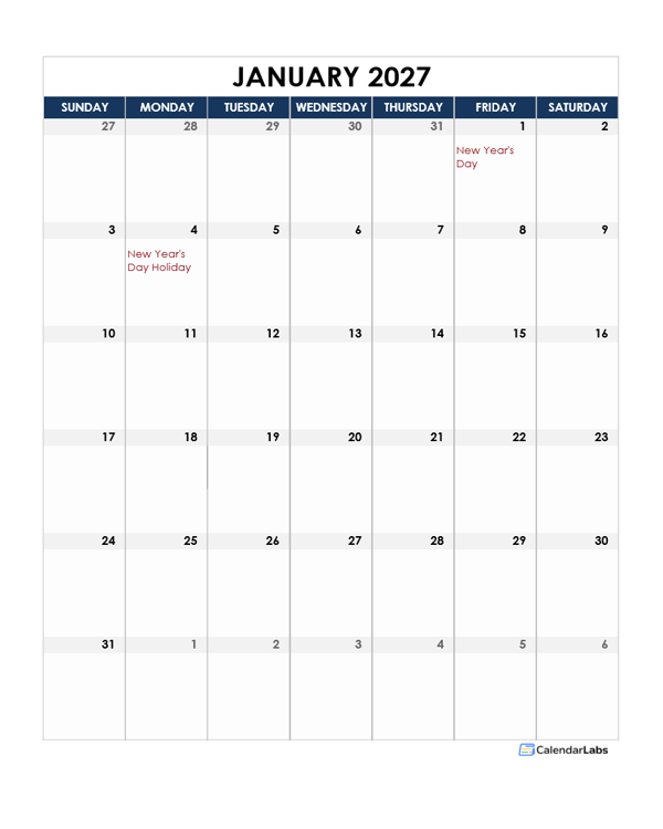 2027 UAE Calendar Spreadsheet Template