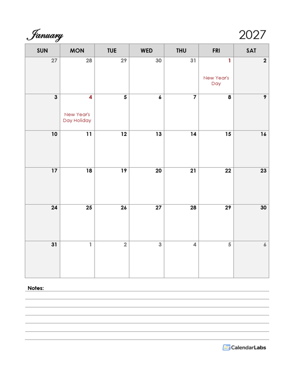 2027 UAE Calendar Template Large Boxes