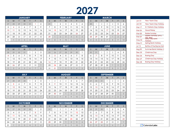 2027 UK Annual Calendar with Holidays