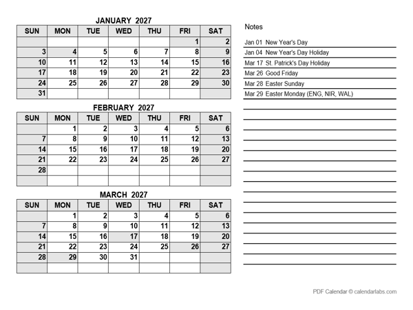2027 UK Quarterly Calendar with Holidays