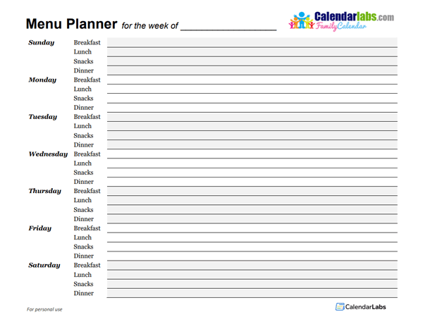 2027 Weekly Menu Planner