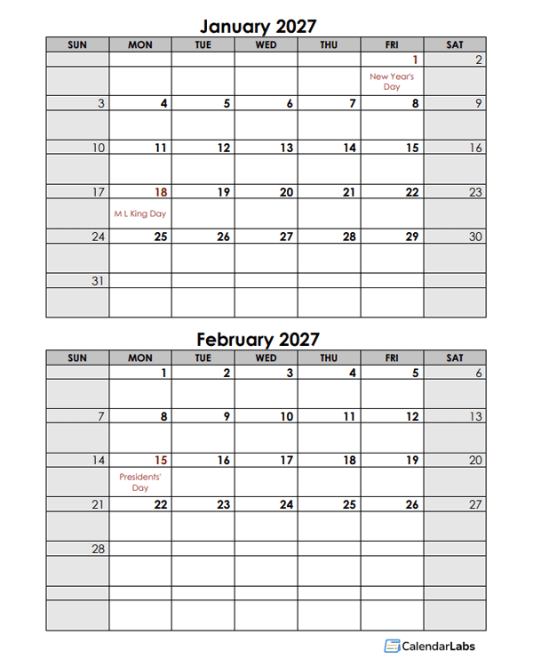 2027 Word Calendar Template Two Months In One Page