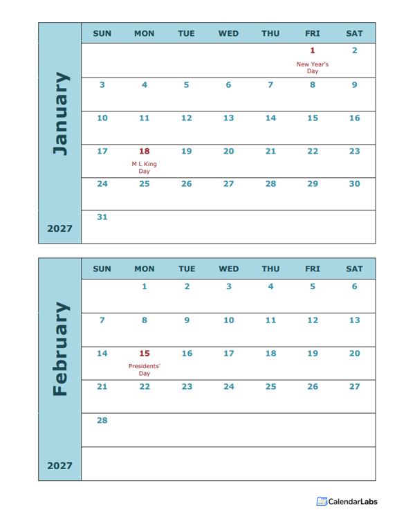 2027 Word Calendar Two Months Per Page