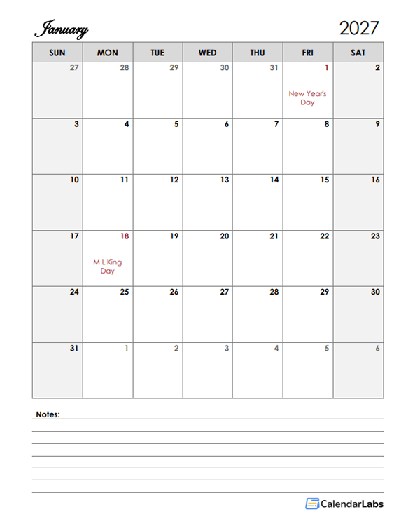 2027 Word Calendar Template With Notes