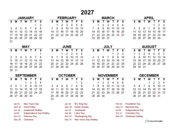 2027 Year at a Glance Calendar with Australia Holidays