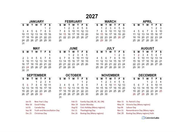 2027 Year at a Glance Calendar with Canada Holidays