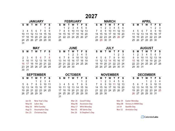2027 Year at a Glance Calendar with France Holidays
