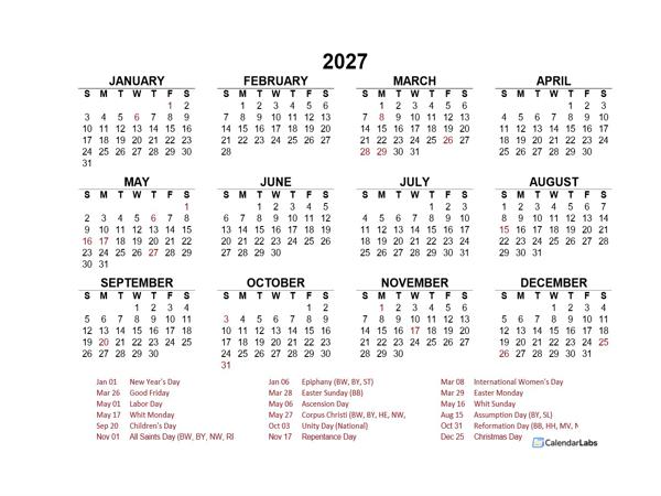 2027 Year at a Glance Calendar with Germany Holidays