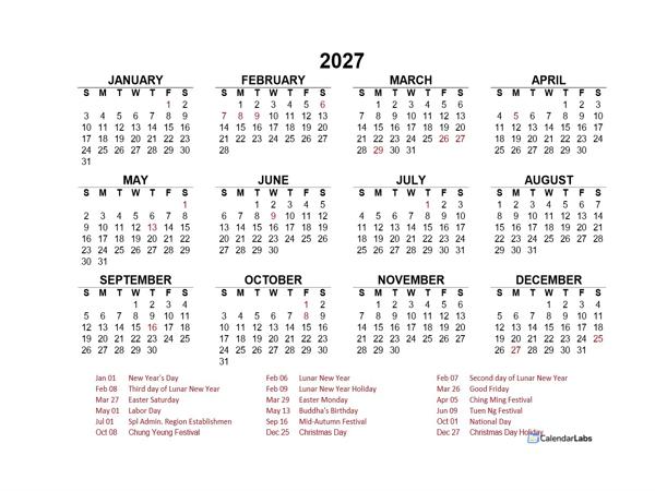 2027 Year at a Glance Calendar with Hong Kong Holidays
