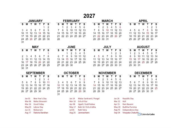 2027 Year at a Glance Calendar with India Holidays