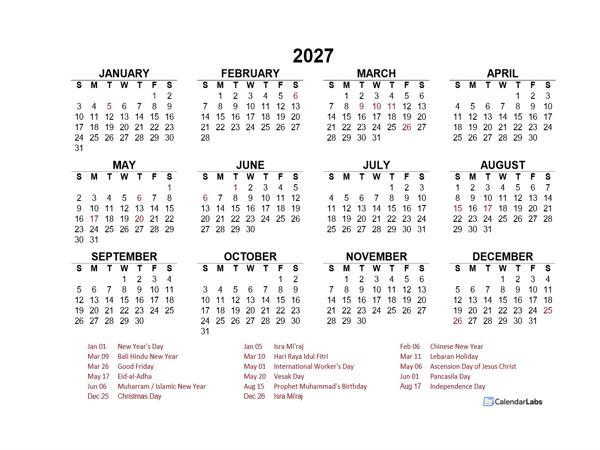 2027 Year at a Glance Calendar with Indonesia Holidays