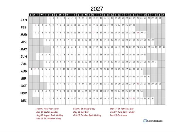 2027 Year at a Glance Calendar with Ireland Holidays