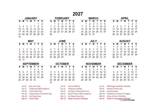 2027 Year at a Glance Calendar with Malaysia Holidays