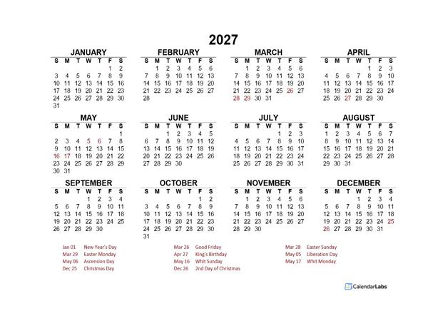 2027 Year at a Glance Calendar with Netherlands Holidays