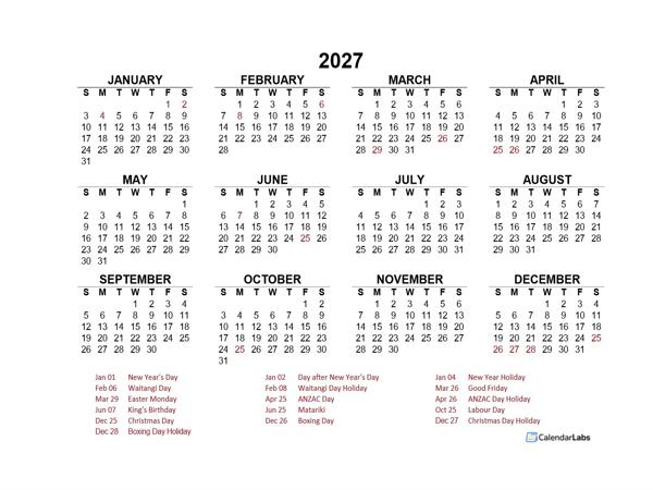 2027 Year at a Glance Calendar with New Zealand Holidays