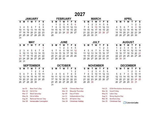 2027 Year at a Glance Calendar with Philippines Holidays