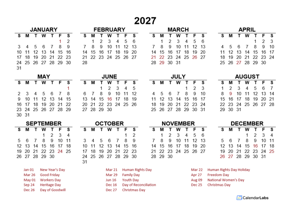 2027 Year at a Glance Calendar with South Africa Holidays