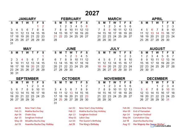 2027 Year at a Glance Calendar with Thailand Holidays