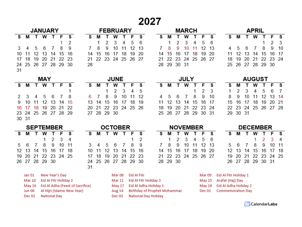 2027 Year at a Glance Calendar with UAE Holidays
