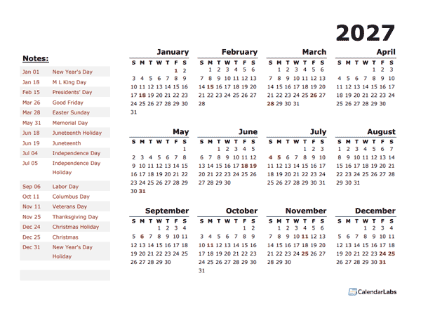 2027 Yearly Calendar Template With US Holidays