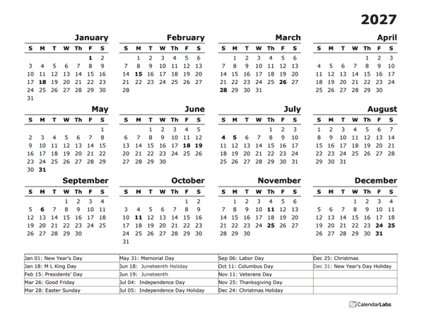 2027 Yearly Calendar Template With US Holidays