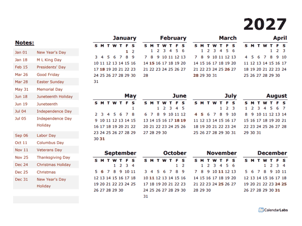 2027 Year Calendar Word Template With Holidays