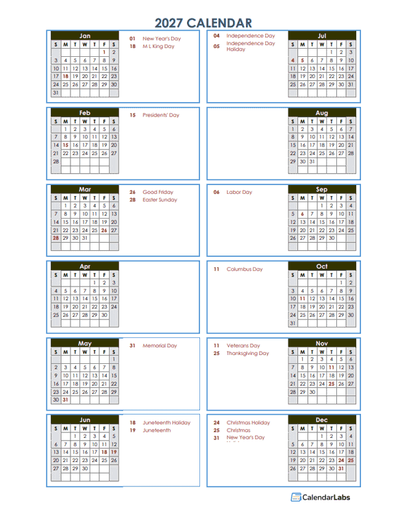 2027 Year At A Glance Word Calendar Template