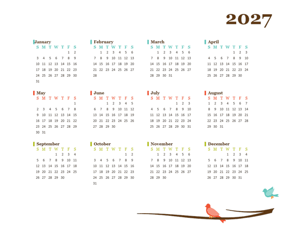 2027 Blank Yearly Calendar Bird Template