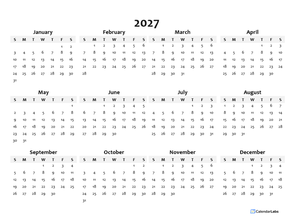 2027 Yearly Blank Calendar Template